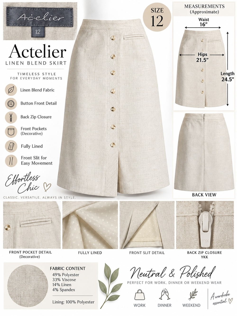 Neutral Linen-Blend Button Front Skirt - Size 12